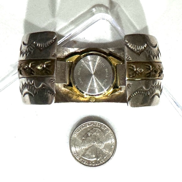 Signed - Ken & Mary Bill Navajo Vntg Sterling Silver Gold Wash Watch Cuff - Picture 5 of 12